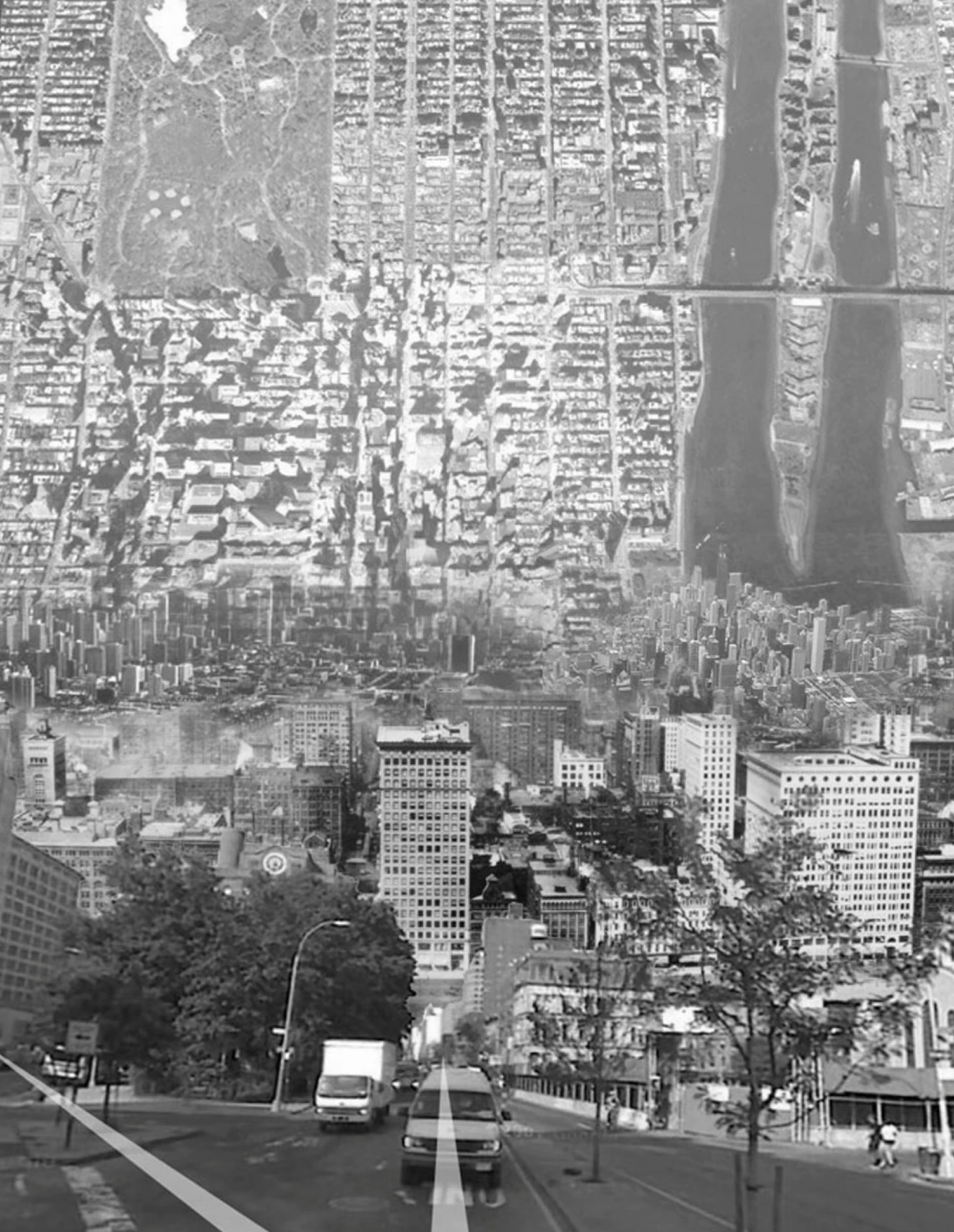 Here & There — the projection worked photographically, street level curling up into an aerial view of Manhattan