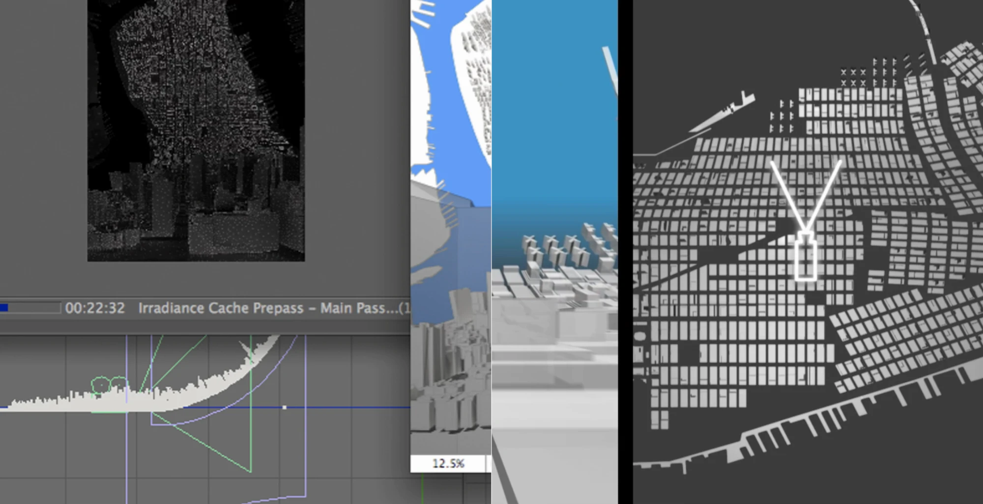 Here & There — the Manhattan model in production: render progress, textured and untextured views, and the camera frustum in plan